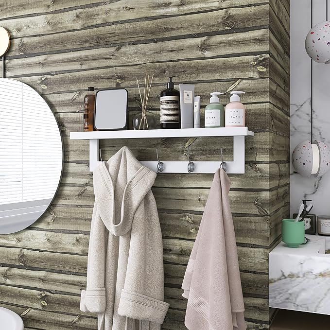 SMIBUY Coat Hooks with Shelf Wall-Mounted, 29.2 Inch Entryway Coat Rack for Wall, Bamboo Hanging Shelf with 5 Double Metal Hooks for Bathroom, Bedroom, Kitchen, Living Room, Mudroom (White) - Image 3