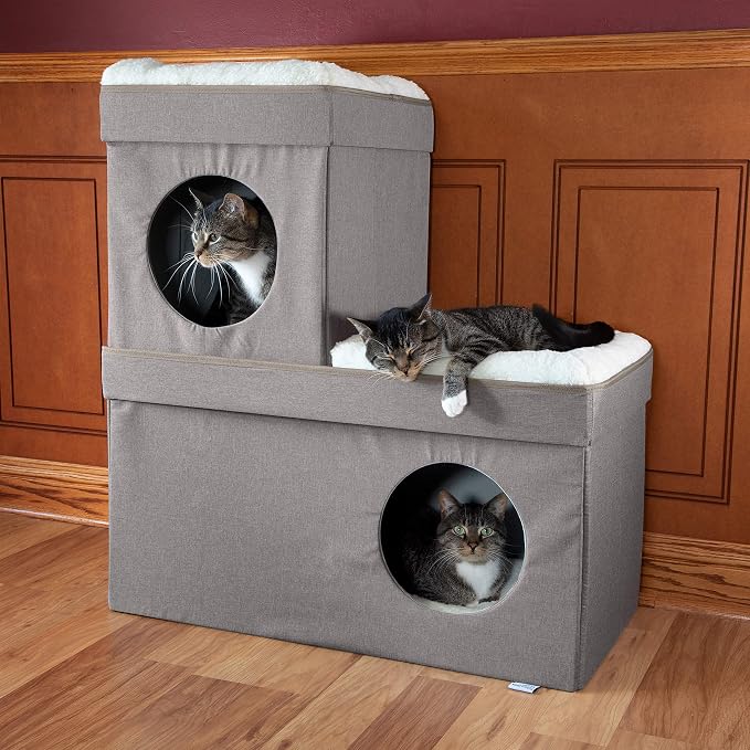 Kitty City Large Stackable Cat Condo & Cube House, Modular Indoor Cat Furniture with Plush Washable Beds, Collapsible Cat Cave & Lounging Ottoman, Tan - Image 4