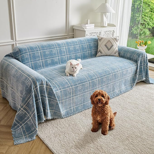 Couch Cover for Dogs Washable Sofa Cover, Sectional Couch Covers, Sofa Covers for 2 Cushion Couch, Non Slip Stripe Sofa Slipcovers Furniture Protector (Blue Checkered 91x134) by Unknown