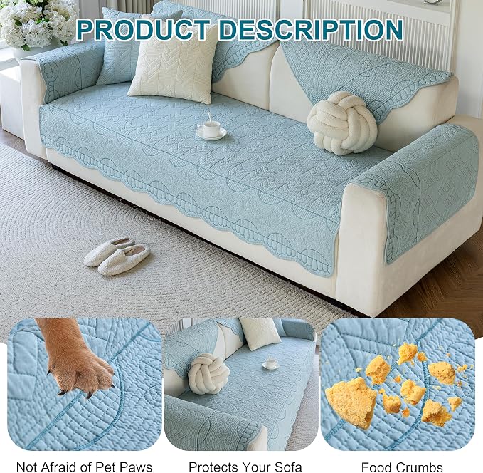 KRFOONN Cotton Quilted Dog Couch Cover for Sofa (02, 2PC 27.6" x 27.6") | Farmhouse Embroidery Sectional Couch Cover Washable, Soft Non Slip Sofa Slipcover Cushion Furniture Protector for Kids, Pets - Image 6