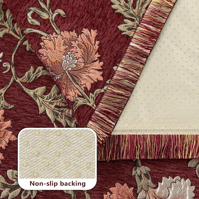 Loom and Mill Vintage Chenille Sofa Arm Covers 2 PCS, Rust Red, 20x24in | Rustic Floral Jacquard Couch Armrest Cover with Fringe Trim, Non-Slip Furniture Protector for Chair Sofa Recliners Couch Dogs - Image 4