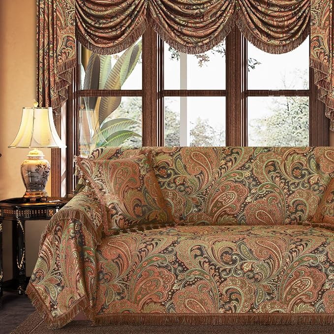 Loom and Mill Jacquard Paisley Sofa Couch Covers, Multi Color, 71"x118" | Luxury Damask Sofa Throw Cover with Tassels for 2-3 Cushion Couch, Sectional Couch Cover Sofa Slipcover for Dogs Pets by LoomandMill
