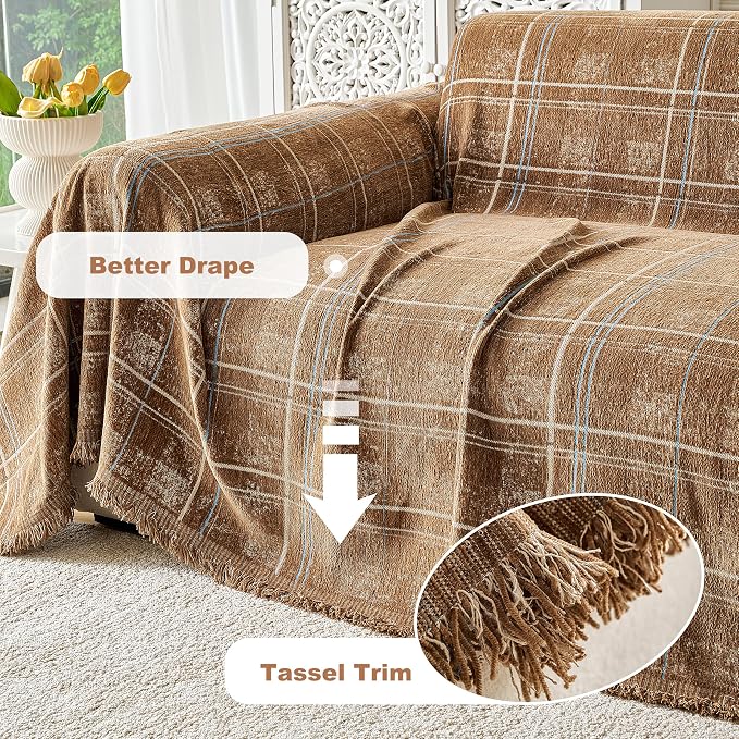 Couch Cover for Dogs Washable Sofa Cover, Sectional Couch Covers, Sofa Covers for 2 Cushion Couch, Non Slip Stripe Sofa Slipcovers Furniture Protector (Brown Checkered 71x134) - Image 4