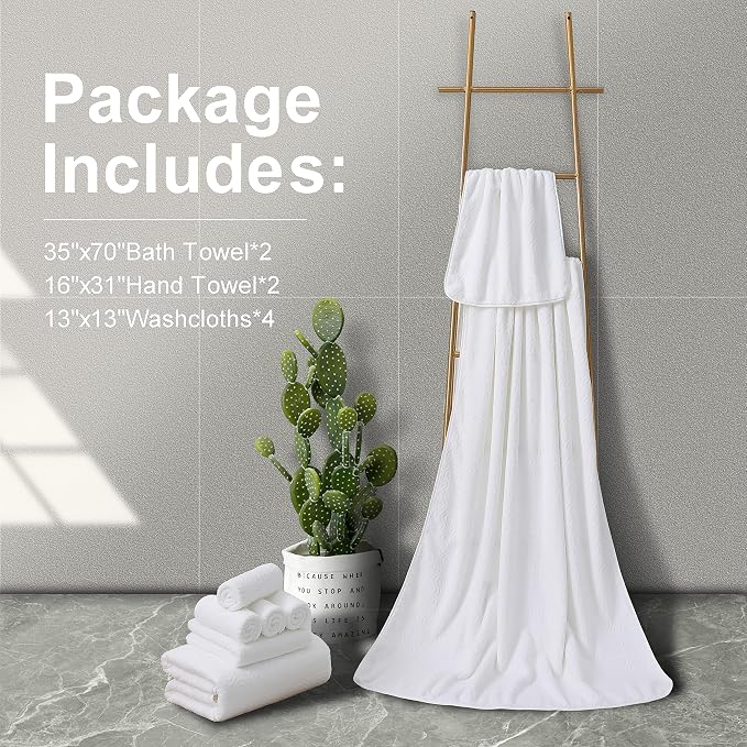 Ultra Soft 8 Piece Textured Bath Towel Set for Bathroom Shower Pool, Kitchen, Quick Dry, Lightweight Highly Absorbent - 2 Oversized Bath Towel Sheets, 2 Hand Towels, 4 Washcloths - White - Image 6
