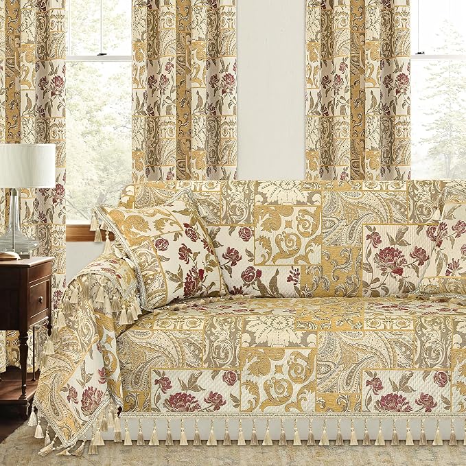 Loom and Mill Luxury Jacquard Sofa Arm Covers 2 PCS, Beige Yellow, 20x24in | Damask Patchwork Couch Armrest Cover with Tassels, Non-Slip Furniture Protector for Chair Sofa Recliners Couch Dogs Pets - Image 2