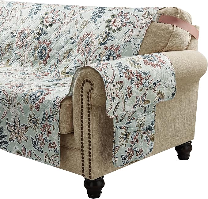 Brilliant Sunshine Green Vintage Flowers Loveseat Cover, 54" seat | Non Slip Sofa Cover, Quilted Furniture Protector, Large Washable Love Seat Slipcover for Pets, Dogs & Cats - Image 5