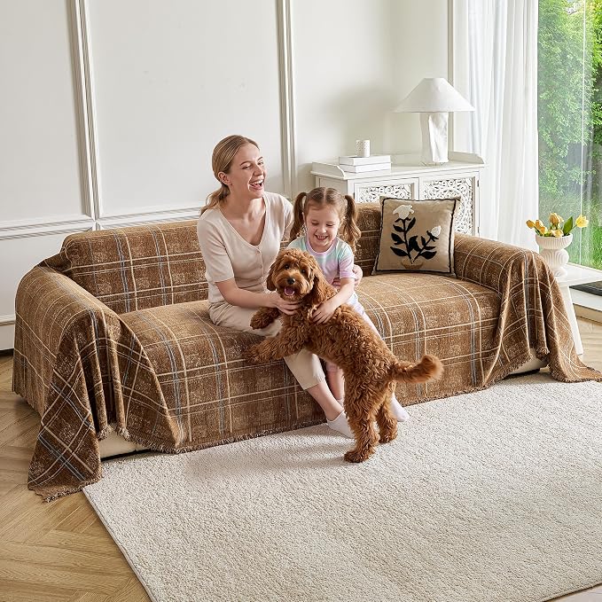 Couch Cover for Dogs Washable Sofa Cover, Sectional Couch Covers, Sofa Covers for 2 Cushion Couch, Non Slip Stripe Sofa Slipcovers Furniture Protector (Brown Checkered 91x118) - Image 9