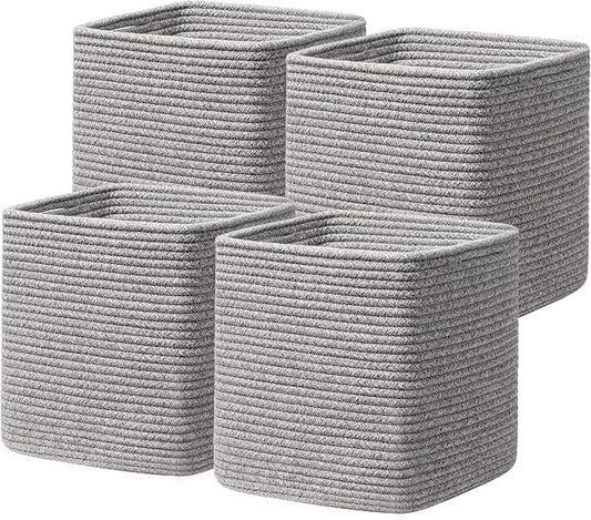 joybest 11inch Cube Storage Bins, Cotton Rope Woven Organizer Basket | Set of 4 Cube Bin Square Shelves Organizer Closet Storage, Nursery, Toy Organization, Grey by joybest