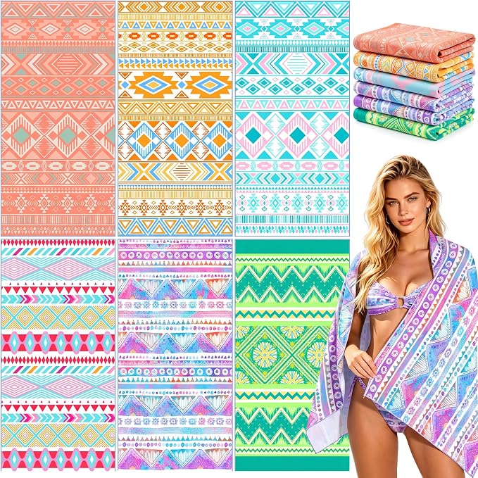 Remagr 12 Pcs Oversized Microfiber Beach Towels Bulk 60"x 28" Extra Large Quick Dry Absorbent Sand Free Towels for Adults, Pool, Travel, Swim, Yoga, Gym (Boho) by Remagr