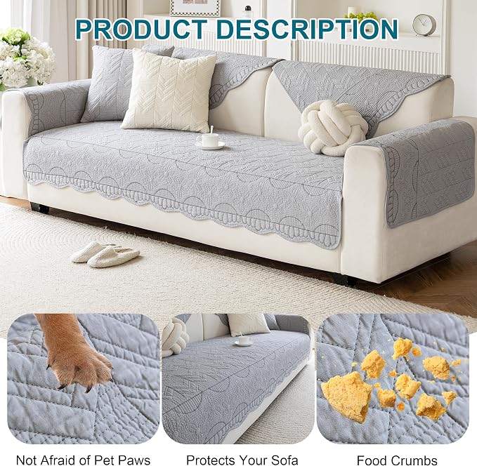 KRFOONN Cotton Quilted Dog Couch Cover for Sofa (04, 2PC 27.6" x 27.6") | Farmhouse Embroidery Sectional Couch Cover Washable, Soft Non Slip Sofa Slipcover Cushion Furniture Protector for Kids, Pets - Image 6