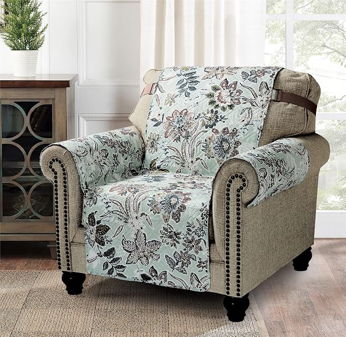 Brilliant Sunshine Green Vintage Flowers Couch Armchair Cover, 23" seat | Non Slip Sofa Cover, Quilted Furniture Protector, Washable Chair Slipcover for Pets, Dogs & Cats - Image 3