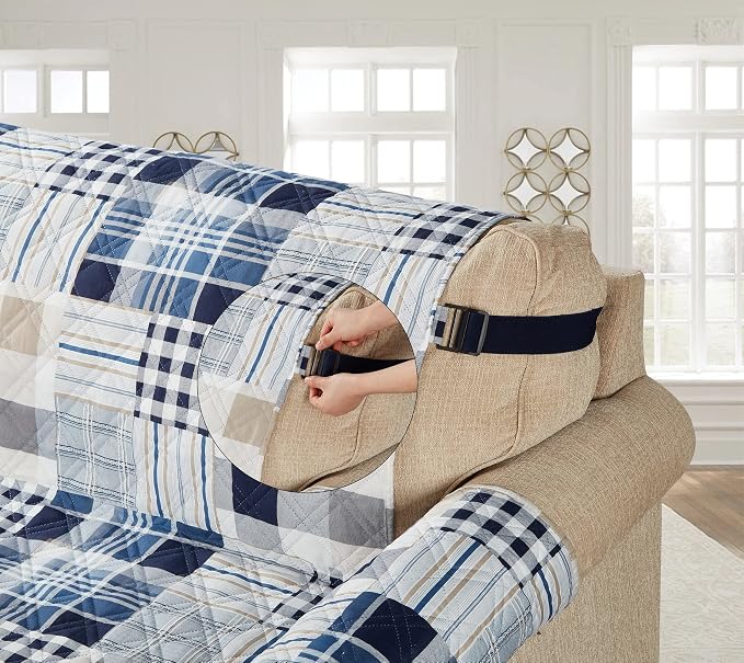 Brilliant Sunshine Blue Plaids & Stripes Couch Recliner Cover, 26" seat | Patchwork Design, Non Slip Sofa Cover, Quilted Furniture Protector, Washable Reclining Chair Slipcover for Pets, Dogs - Image 4