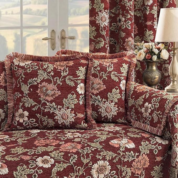 Loom and Mill Luxury Floral Jacquard Sofa Couch Covers, Rust Red, 71"x118" | Rustic Chenille Sofa Throw Cover with Tassels for 2-3 Cushion Couch, Sectional Couch Cover Sofa Slipcover for Dogs Pets - Image 5