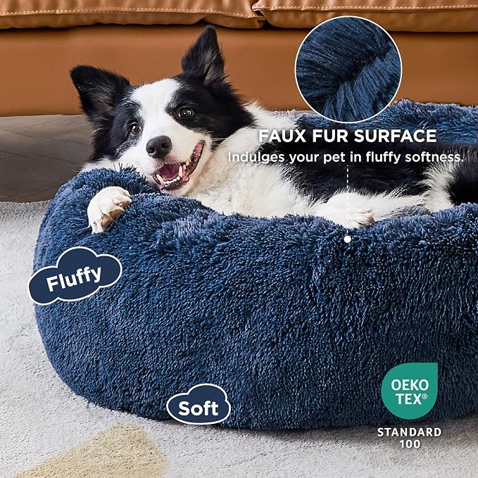 Bedsure Calming Dog Beds Large Sized Dog Donut Washable Pet Bed,36ins Navy | Fluffy Faux Fur Round Cuddler,with Removable Washable Cover,Anti-Slip Bottom,Anti-Anxiety,Deep Sleeping for Pets Up to 80 Lbs - Image 2