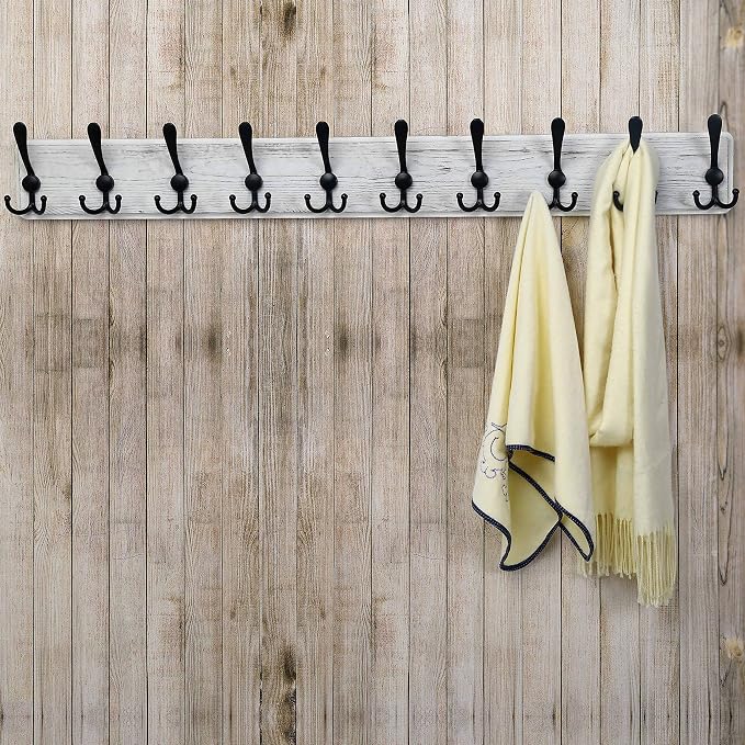 Dseap Coat Rack Wall - Heavy-Duty 38-1/4" Long, with Reinforced 10 Custom Tri-Hooks, Solid Wood Wall Hanger for Coats Hat Jackets - Rustic Farmhouse Entryway Hallway Storage, White & Black - Image 6