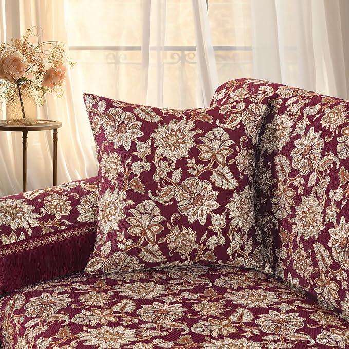 Loom and Mill Vintage Jacquard Sofa Arm Covers 2 PCS, Burgundy, 20x24in | Elegant Floral Couch Armrest Cover with Tassels, Non-Slip Furniture Protector for Chair Sofa Recliners Couch Dogs Pets - Image 2