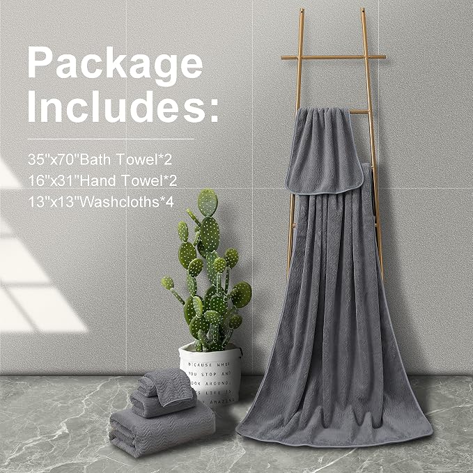 Smuge Ultra Soft 8 Piece Textured Bath Towel Set for Bathroom Shower Pool, Kitchen, Quick Dry, Lightweight Highly Absorbent - 2 Oversized Bath Towel Sheets, 2 Hand Towels, 4 Washcloths - Dark Gray - Image 6
