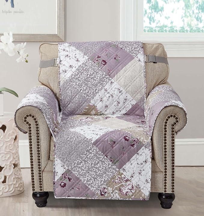 Brilliant Sunshine Lilac & Beige Roses Couch Armchair Cover, 23" seat | Patchwork Design, Non Slip Sofa Cover, Quilted Furniture Protector, Washable Chair Slipcover for Pets, Dogs & Cats - Image 2