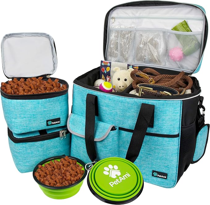 PetAmi Dog Travel Bag Organizer, Pet Travel Kit with 2 Food Containers & 2 Collapsible Dog Bowls, Pet Supplies Tote with Luggage Sleeve, Weekend Road Trip Camping Essentials, Teal Blue, Large by PetAmi