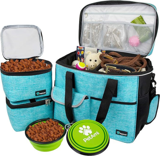 PetAmi Dog Travel Bag Organizer, Pet Travel Kit with 2 Food Containers & 2 Collapsible Dog Bowls, Pet Supplies Tote with Luggage Sleeve, Weekend Road Trip Camping Essentials, Teal Blue, Large by PetAmi