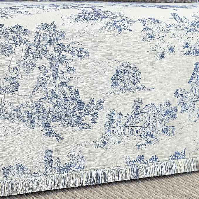 Loom and Mill Luxury Jacquard Toile Sofa Couch Covers, Blue, 71"x118" | French Country Style Sofa Throw Cover with Tassels for 2-3 Cushion Couch, Sectional Couch Cover Sofa Slipcover for Dogs Pets - Image 4