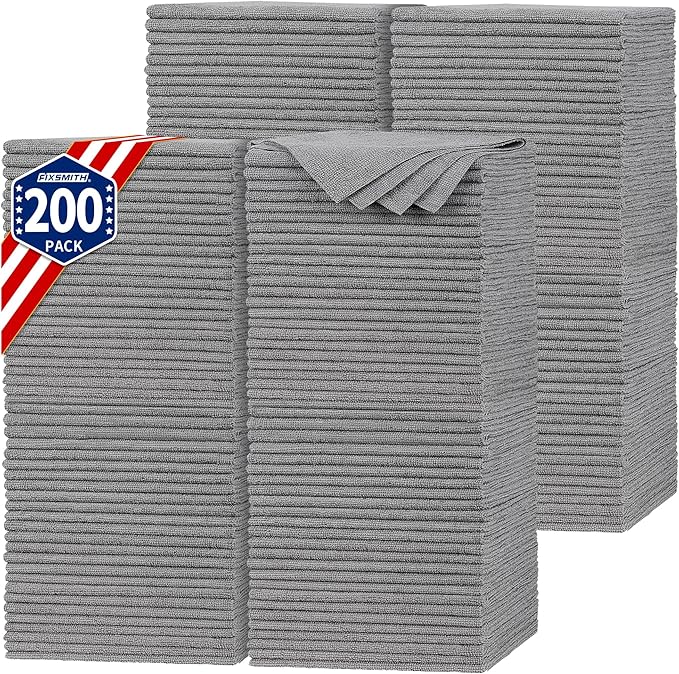 FIXSMITH Shop Towels, Pack of 200, Grey Microfiber Cleaning Cloth Bulk, Microfiber Towels for Cars, All-Purpose Absorbent Cleaning Rags, Dust Cloth for Automotive, Mechanic, Garage, 11.5 x 11.5 inch by FIXSMITH