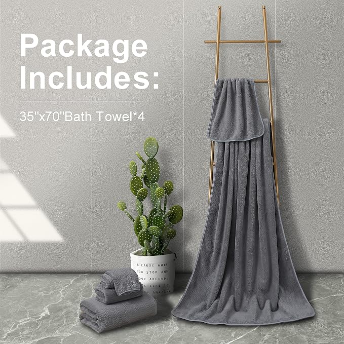 Smuge Ultra Soft Bath Towel Set of 4, Grey Extra Large Textured Microfiber Luxury Towels 35x70 in, Quick Dry, Highly Absorbent, Fluffy, Oversized, for Bathroom Shower Pool Hotel Beach - Image 6