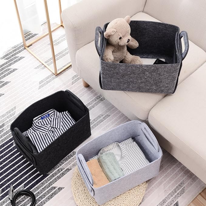 Storage Basket Felt Storage Bin Collapsible& Convenient Box Organizer with Carry Handles for Office Bedroom Closet Babies Nursery Toys Laundry (Light grey, 13.8inch（L）×9.5inch（W）×8.3inch（H）) - Image 5